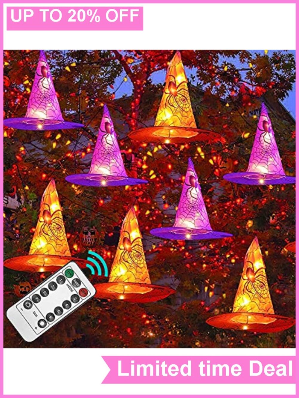 Halloween Waterproof Hanging Witch Hats String Lights Remote Timer 8 Pcs